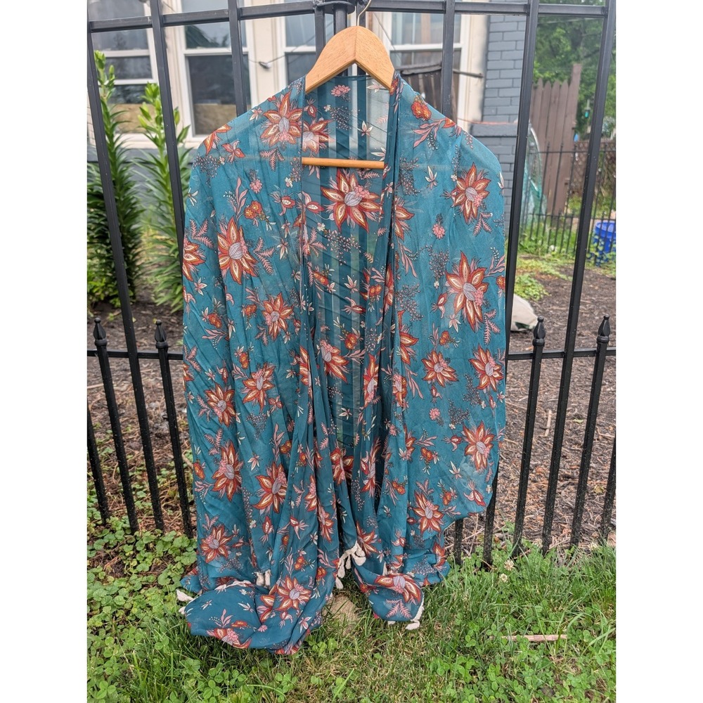SHEIN Curve Boho Floral Sheer Kimono Jacket • White Tassel Fringe Trim • 3XL